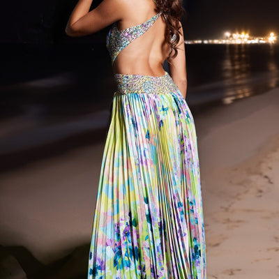 Floral Print Sleeveless A-line Slit Gown by Jovani 38733