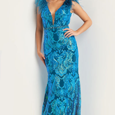 Sequin Feather Fitted Short Sleeve Gown by Jovani 38758