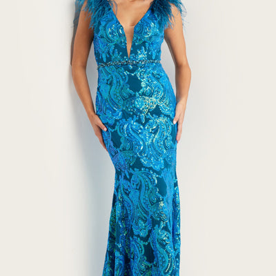 Sequin Feather Fitted Short Sleeve Gown by Jovani 38758
