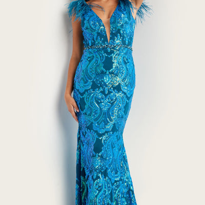 Sequin Feather Fitted Short Sleeve Gown by Jovani 38758