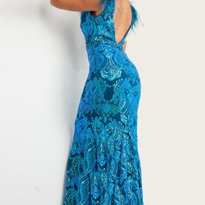 Sequin Feather Fitted Short Sleeve Gown by Jovani 38758