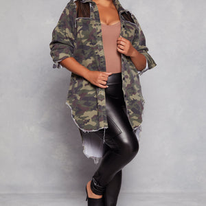 Plus Size Camo Fishnet Detail Button Front Shirt
