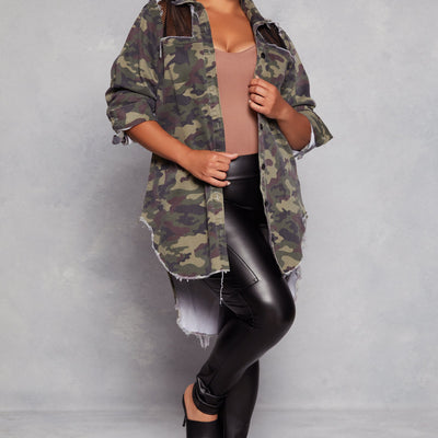 Plus Size Camo Fishnet Detail Button Front Shirt