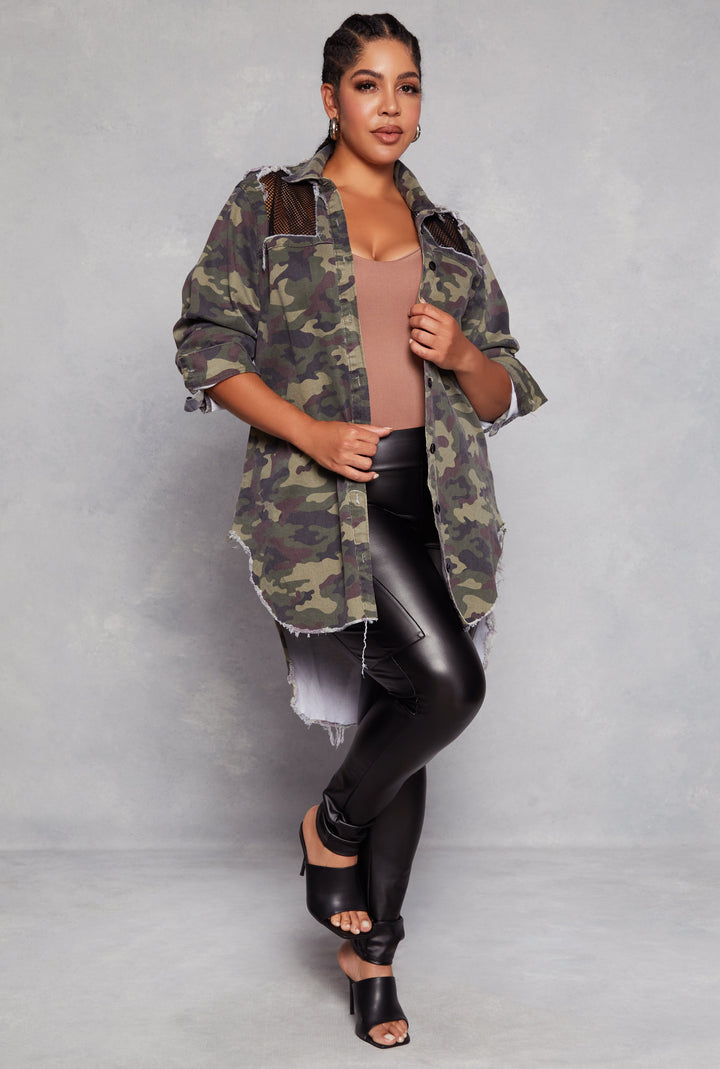 Plus Size Camo Fishnet Detail Button Front Shirt