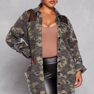 Plus Size Camo Fishnet Detail Button Front Shirt