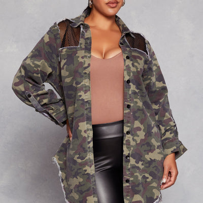 Plus Size Camo Fishnet Detail Button Front Shirt