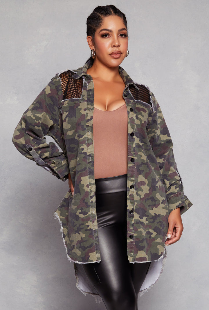 Plus Size Camo Fishnet Detail Button Front Shirt