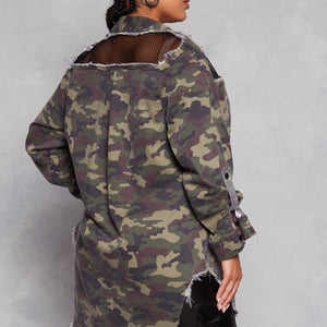 Plus Size Camo Fishnet Detail Button Front Shirt