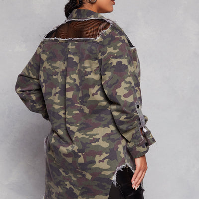 Plus Size Camo Fishnet Detail Button Front Shirt
