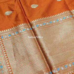 Orange Floral Meenakari Banarasi Katan Silk Saree