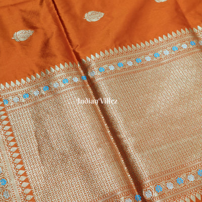 Orange Floral Meenakari Banarasi Katan Silk Saree