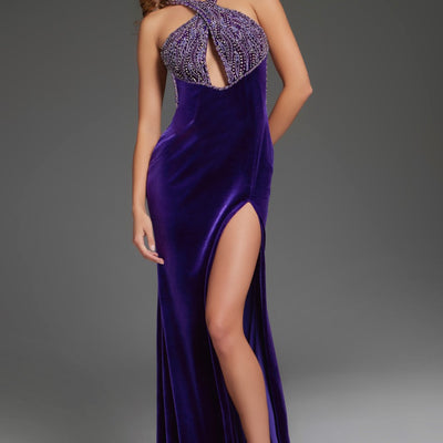 Velvet Fitted Halter Slit Gown by Jovani 38951