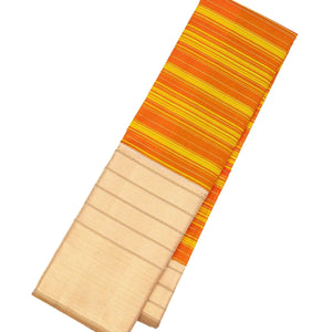 Orange & Yellow Handloom Kanchipuram Silk Saree Korvai With Stripes