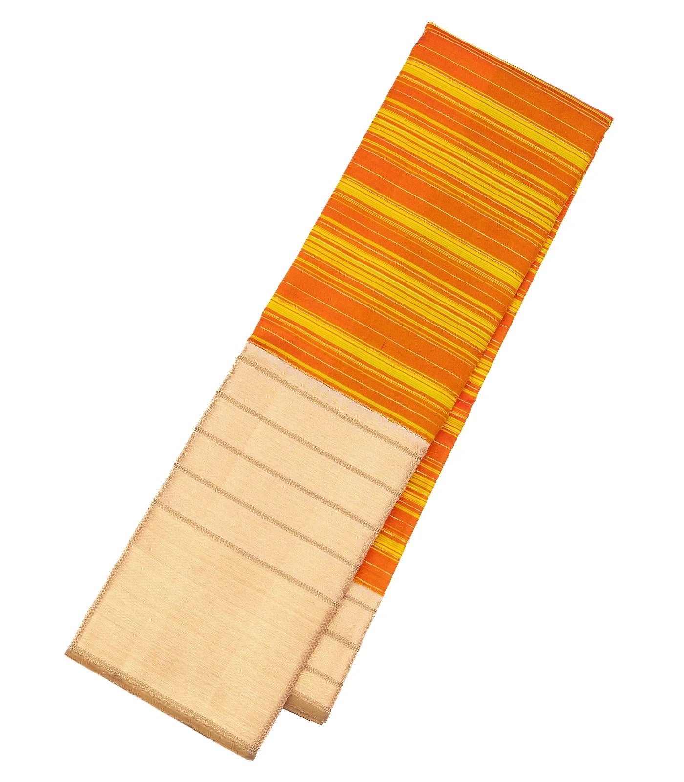 Orange & Yellow Handloom Kanchipuram Silk Saree Korvai With Stripes