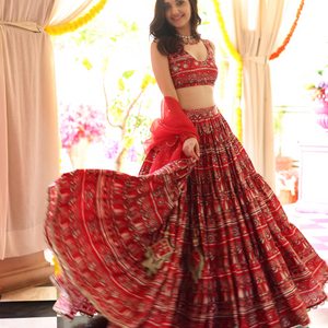 Red Hibiscus Haven Printed Satin Lehenga Set