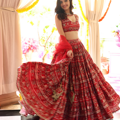Red Hibiscus Haven Printed Satin Lehenga Set