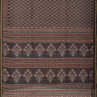 Dark Grey Woven Jaipur Cotton Saree With Printed Brown Floral Motifs