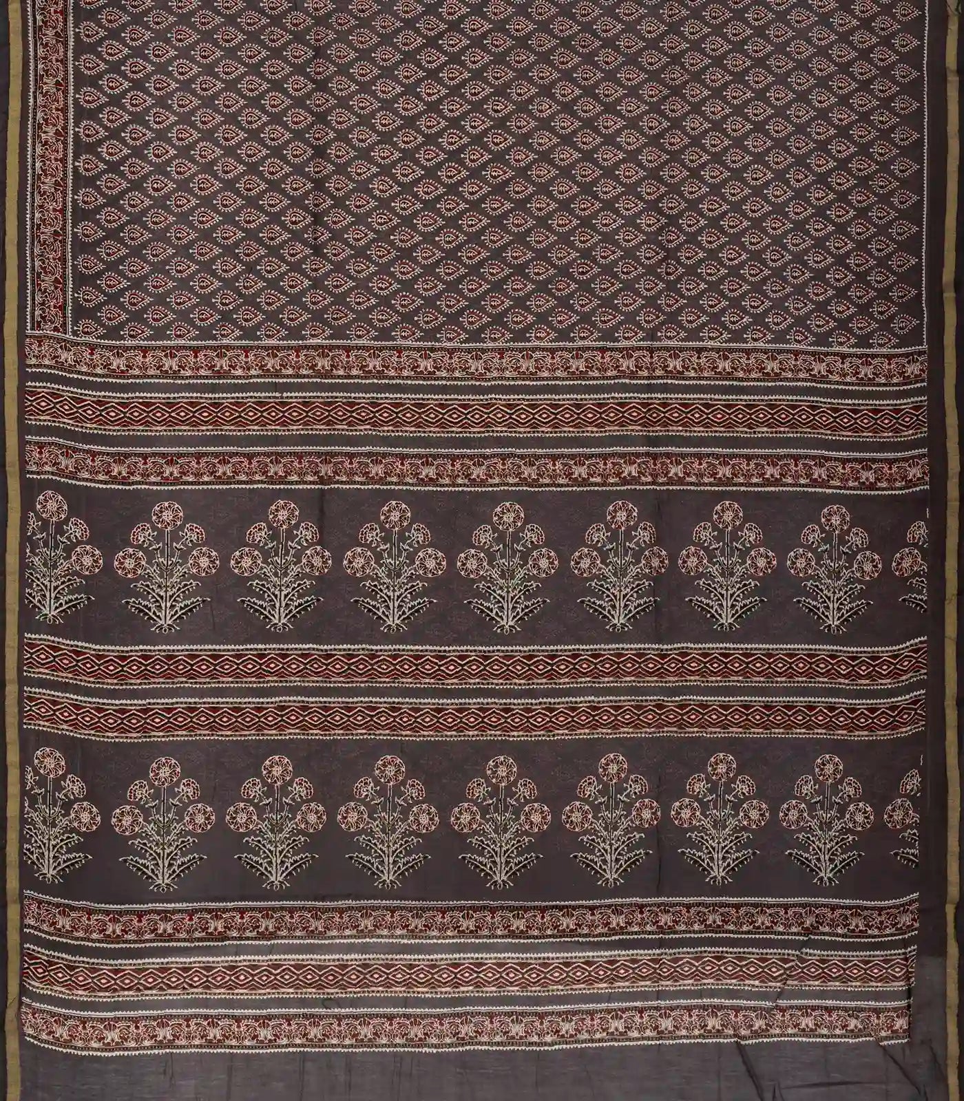 Dark Grey Woven Jaipur Cotton Saree With Printed Brown Floral Motifs