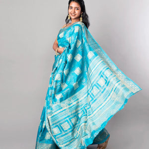 Sky Blue Woven Dola Synthetic Saree With Floral Motifs