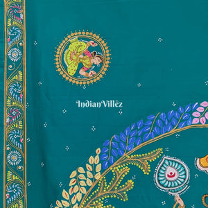 Azure Blue Radha Krishna Hand-Painted Pattachitra Art Silk Saree