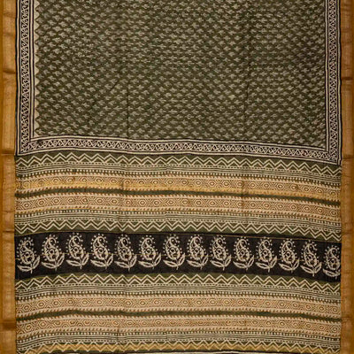Sage Green Handloom Chanderi Cotton Saree With Printed Floral Motifs