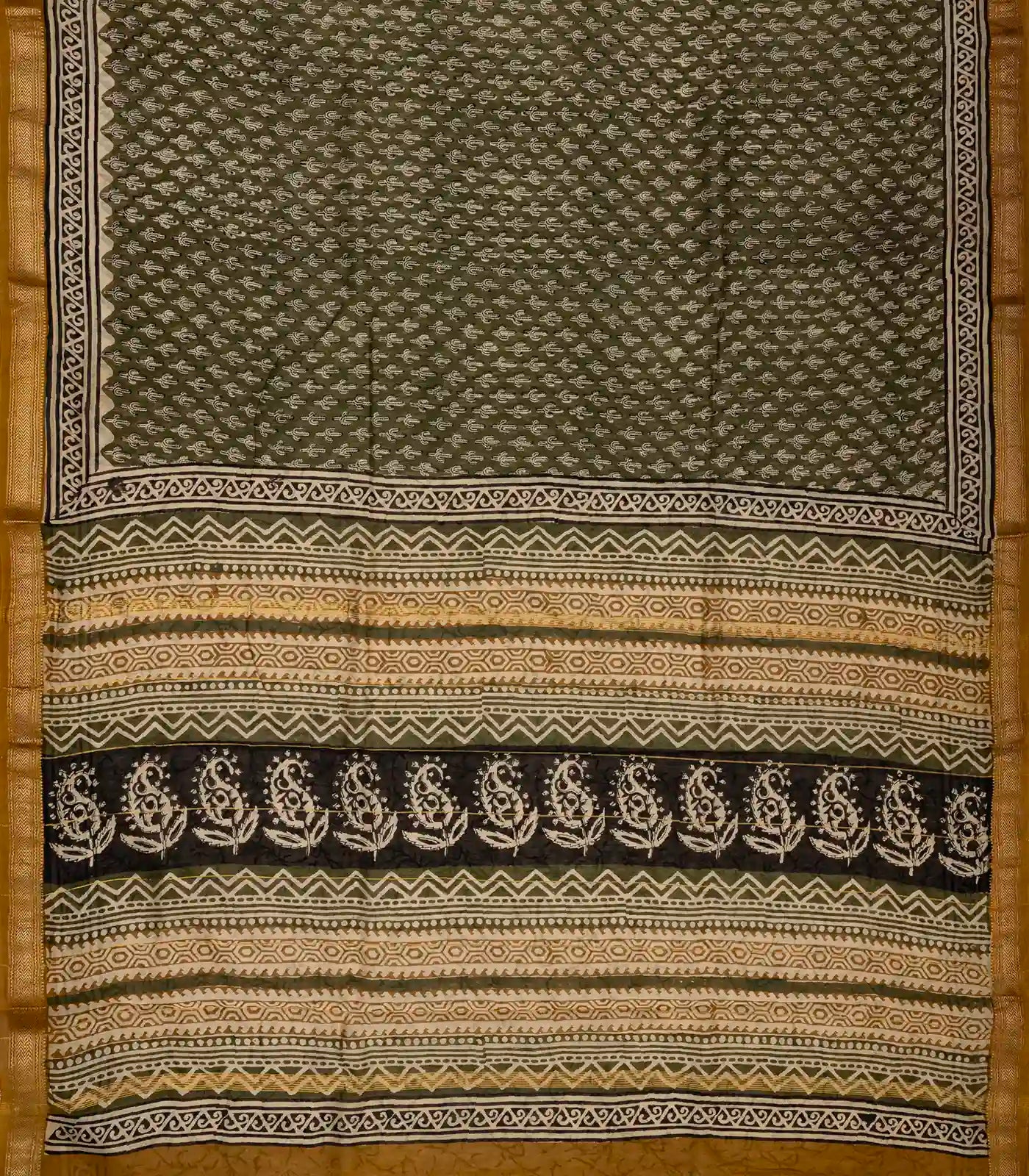 Sage Green Handloom Chanderi Cotton Saree With Printed Floral Motifs