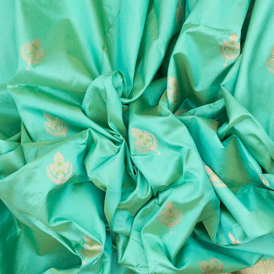 Turquoise Handloom Banarasi Silk Saree With Floral Buttas