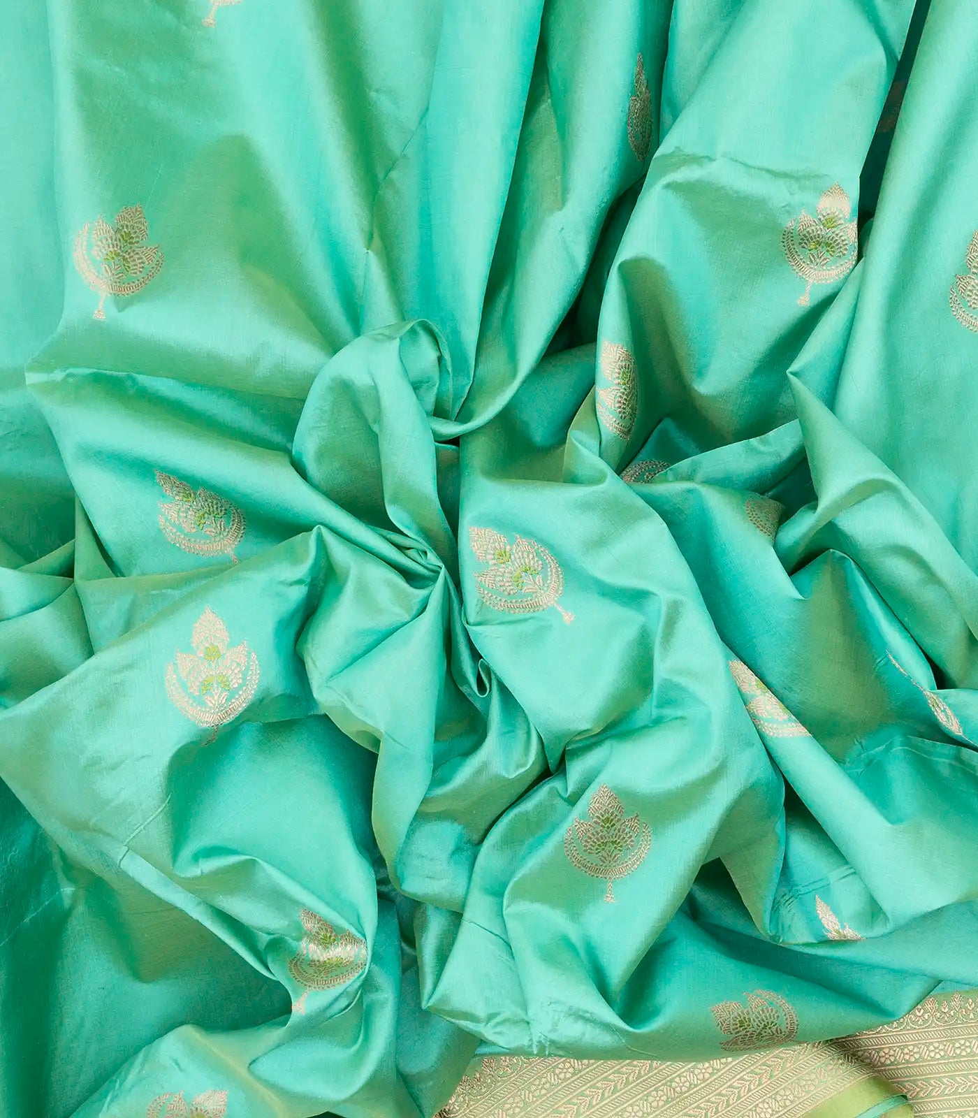 Turquoise Handloom Banarasi Silk Saree With Floral Buttas