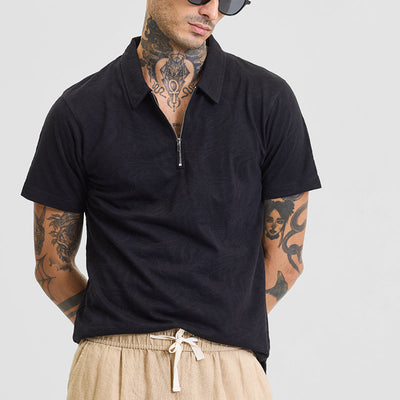 Black Self-Design Zipper Polo T-Shirt