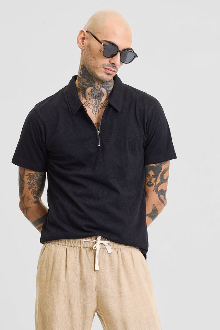 Black Self-Design Zipper Polo T-Shirt