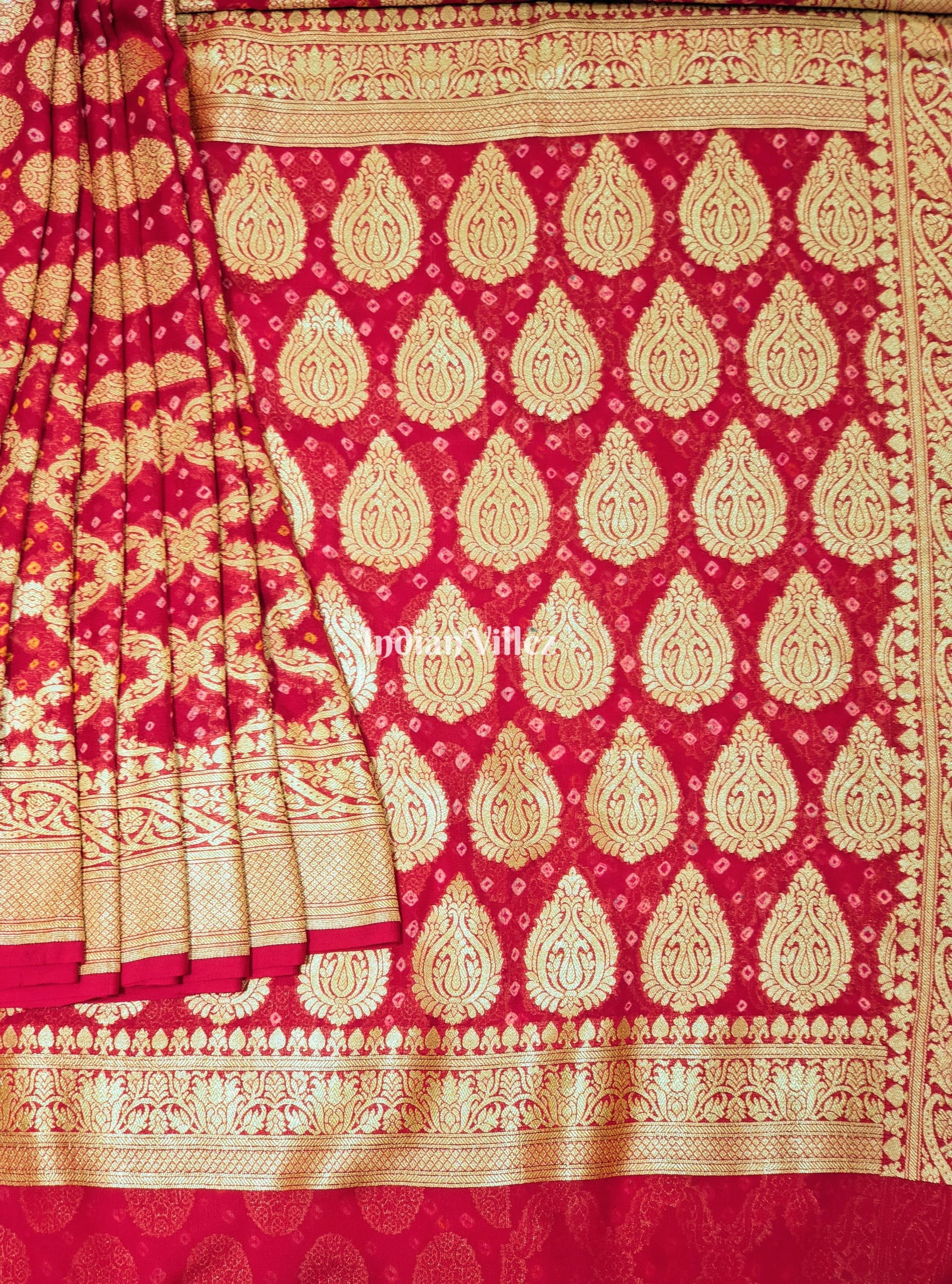 Red Pure Khaddi Georgette Banarasi Silk Saree