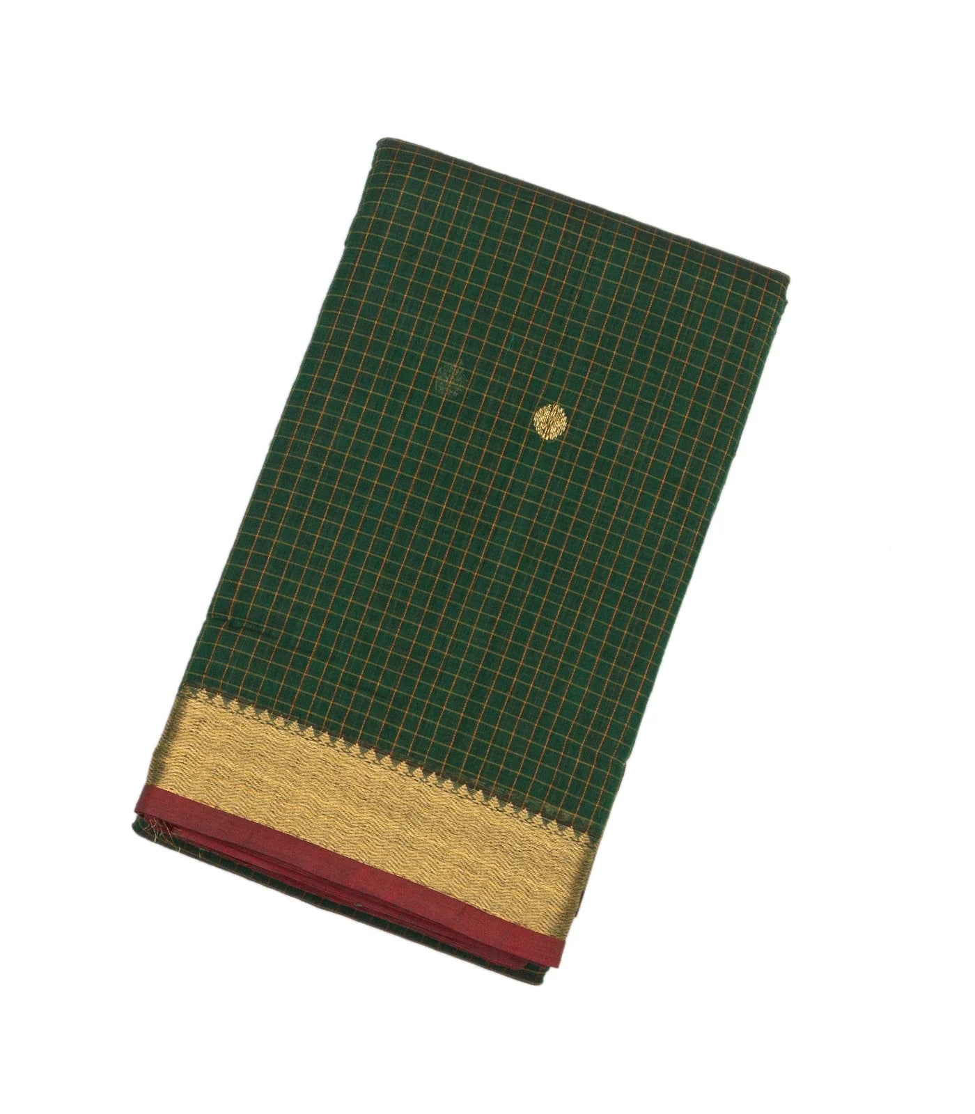 Bottle Green Handloom Kanchi Cotton Saree With Checks & Zari Buttas