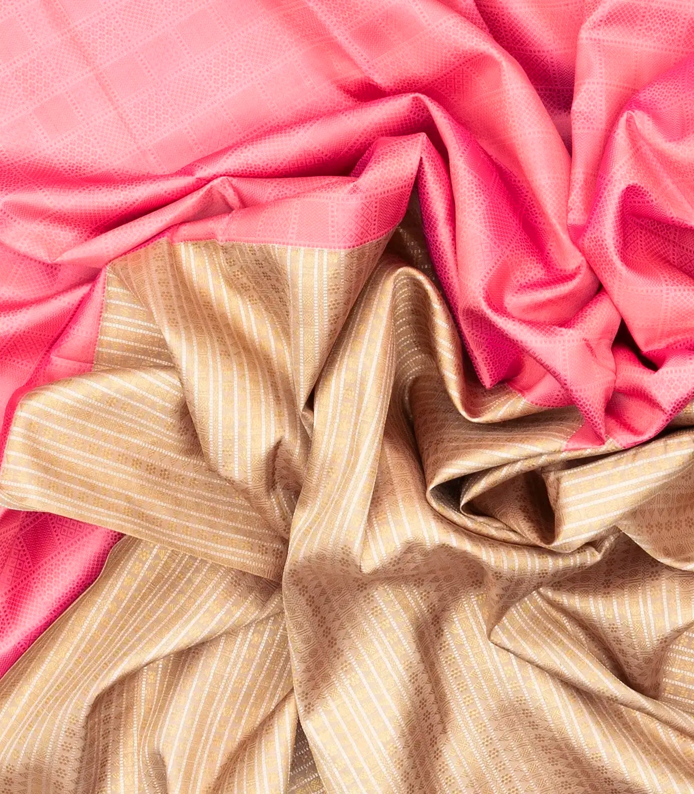 Sandal & Pink Handloom Kanchipuram Half & Half Silk Saree