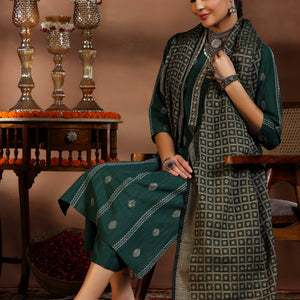 Green Woven Design Cotton Blend Straight Suit With Dupatta