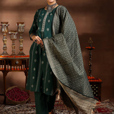 Green Woven Design Cotton Blend Straight Suit With Dupatta