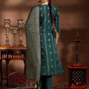 Green Woven Design Cotton Blend Straight Suit With Dupatta