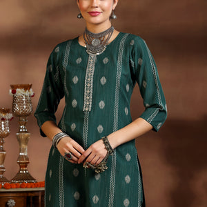 Green Woven Design Cotton Blend Straight Suit With Dupatta