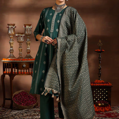 Green Woven Design Cotton Blend Straight Suit With Dupatta