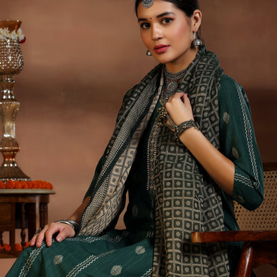 Green Woven Design Cotton Blend Straight Suit With Dupatta