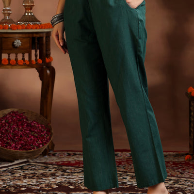 Green Woven Design Cotton Blend Straight Suit With Dupatta