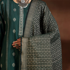 Green Woven Design Cotton Blend Straight Suit With Dupatta