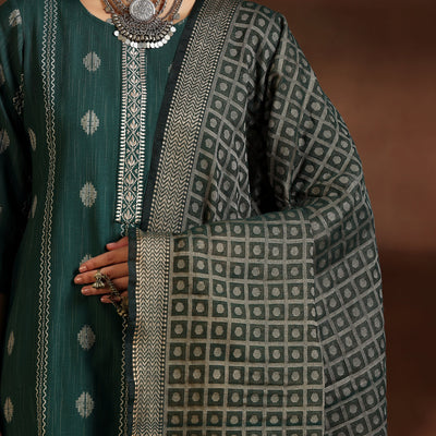 Green Woven Design Cotton Blend Straight Suit With Dupatta