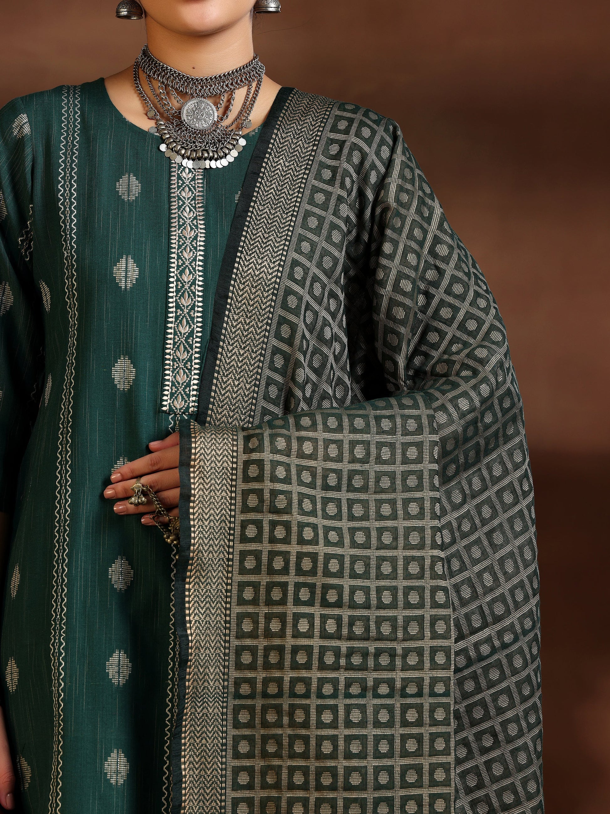 Green Woven Design Cotton Blend Straight Suit With Dupatta