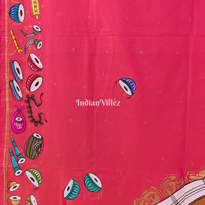 Neon Pink Veena Design Hand-Painted Pattachitra Saree