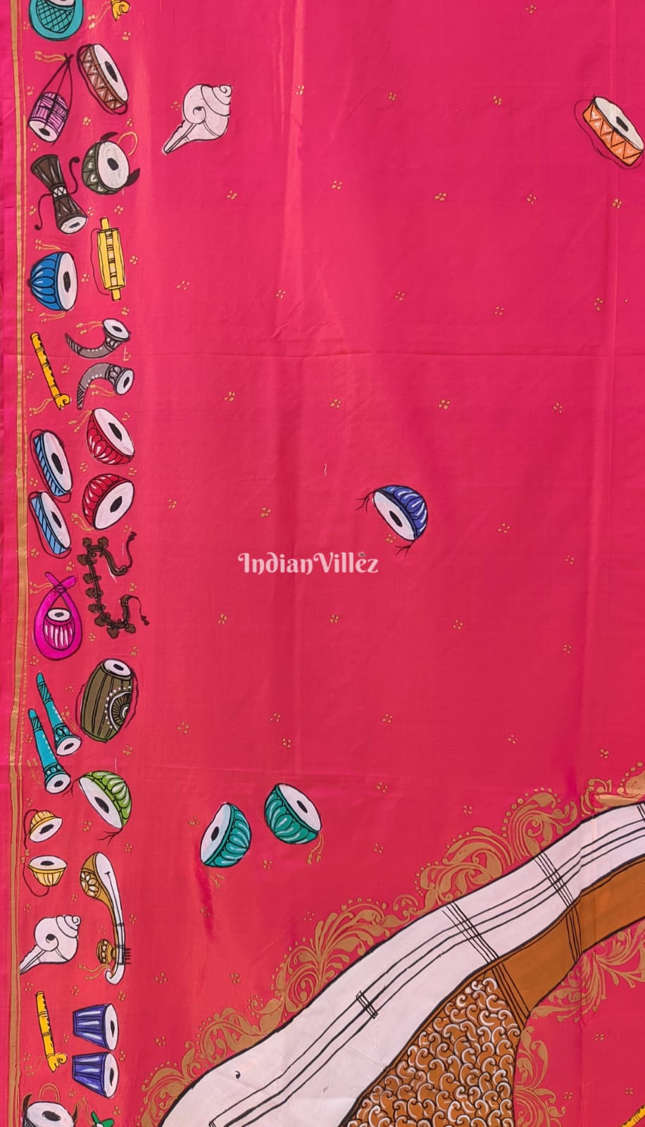 Neon Pink Veena Design Hand-Painted Pattachitra Saree