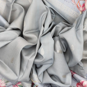 Grey Handloom Tussar Silk Saree Printed With Floral Motifs In Border