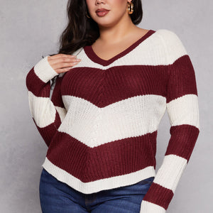 Plus Size Chevron Knit Lace Up V Neck Sweater
