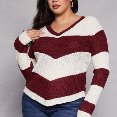 Plus Size Chevron Knit Lace Up V Neck Sweater