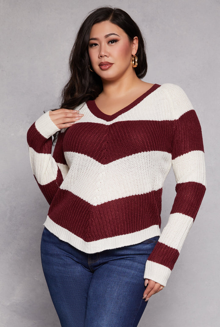 Plus Size Chevron Knit Lace Up V Neck Sweater