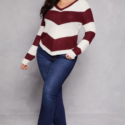 Plus Size Chevron Knit Lace Up V Neck Sweater